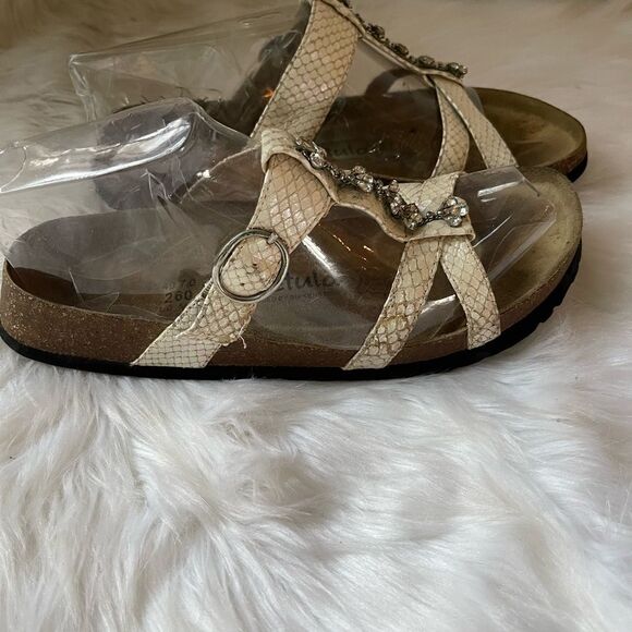 Bertula Birkenstock beige reptile prints sandals with rhinestones accents SZ40 - Picture 2 of 11